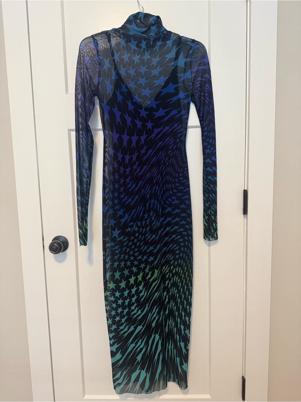 AFRM Sharlene turtleneck dress Sheer Star Spiral Midi Dress in Blue-Green - Picture 9 of 12